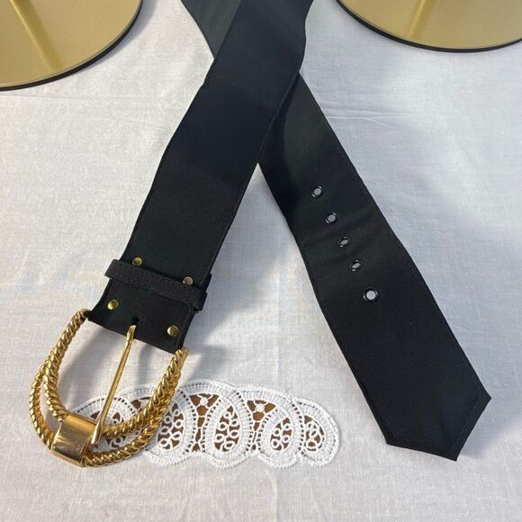 Vintage 80s Black Wide Waist Belt with Gold Braided Buckle | Statement Cinch Bel - Picture 1 of 9